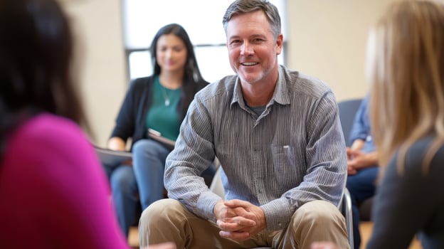 A man in a striped shirt sitting in a circle with a group of people, all facing him, in a room with a wooden floor and a white wall. photo