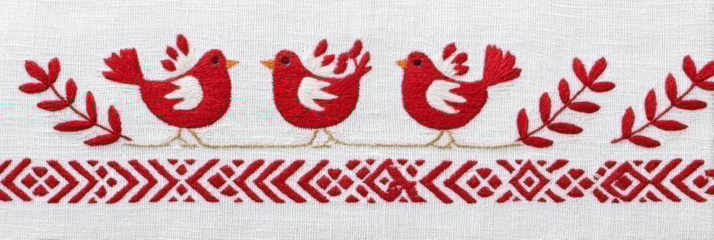 Embroidered towel rushnyk with traditional Ukrainian pattern featuring red birds photo