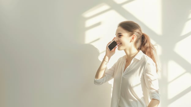This person is happily talking on the phone using a headset in a well-lit indoor setting. photo