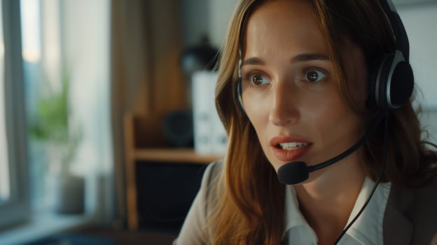 This person actively participates in a call using a headset in a bright, contemporary office. photo