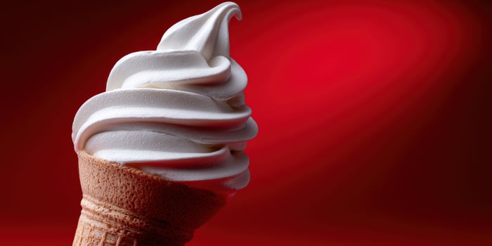 Delicious soft serve ice cream in a cone against red background photo