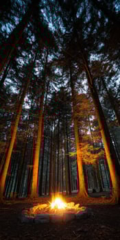 Evening campfire surrounded by tall trees in forest photo
