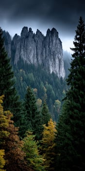 Majestic mountain peaks rise above dense pine forest photo