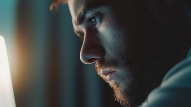 This young man speaks intently through a headset, participating in a call late at night. photo