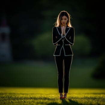 Woman in formal attire performing a pose at sunset photo