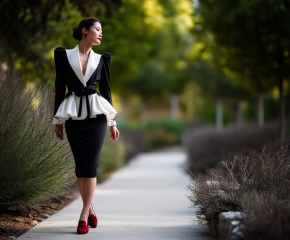 Elegant woman walks down a path in a park setting photo
