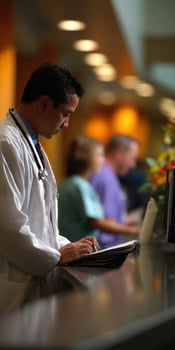 Doctor engaged in patient records management in a hospital photo