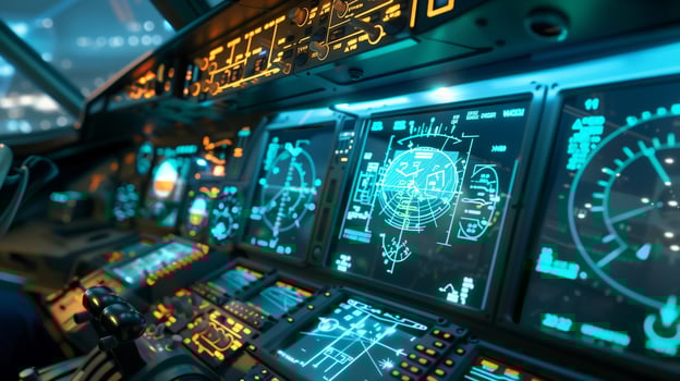 This Modern cockpit displays show automation in aviation for improved transport efficiency. photo