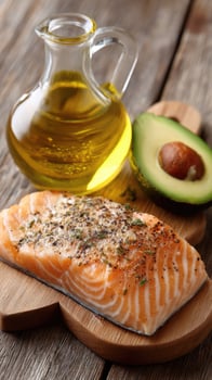 Salmon and avocado on a cutting board with olive oil photo