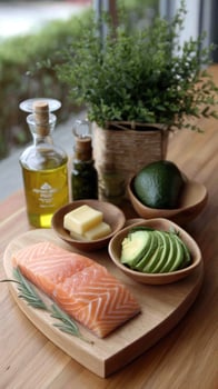 A wooden cutting board with salmon, avocado, and other foods photo