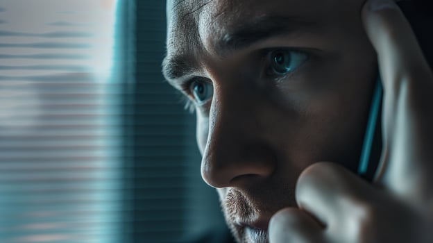 This Individual is talking on the phone with a headset, showing concentration during a late-night call. photo