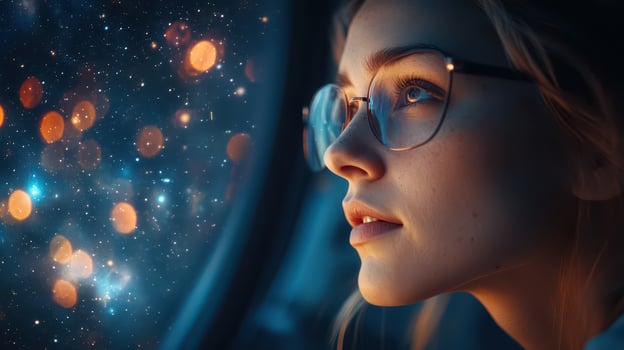 Woman gazes at starry night sky from window photo