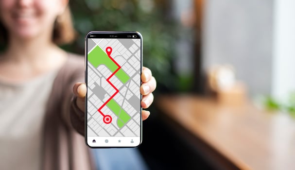 Smartphone With Opened Gps Navigation Online Maps On Screen In Female Hand. Unrecognizable Woman Using Modern Application For Planning Routes And Location Tracking, Creative Collage photo