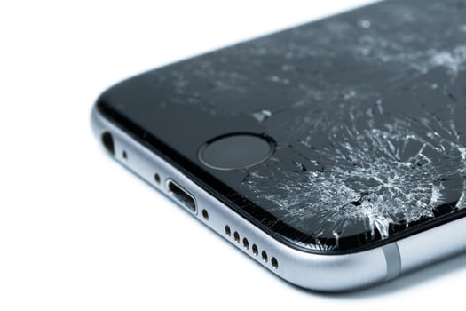 Smartphone drop to the floor and screen damage broken isolated on white background. photo