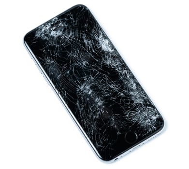 Smartphone drop to the floor and screen damage broken isolated on white background photo