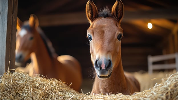 Horses in a rustic barn enjoying the straw photo