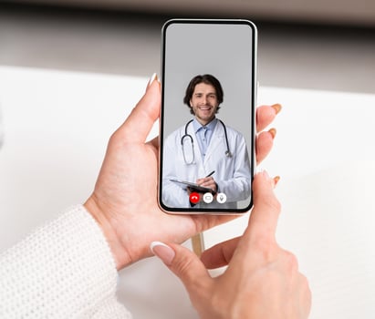 Sick Lady Talking With Doctor Online Via Call On Smartphone Sitting At Home. Physician Consulting Patient From Cellphone Screen. Distance Remote Medical Consultation Via Phone Chat. POV, Collage photo