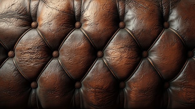 An up-close perspective of aged brown leather upholstery, featuring deep button tufting and a rich, opulent texture. photo