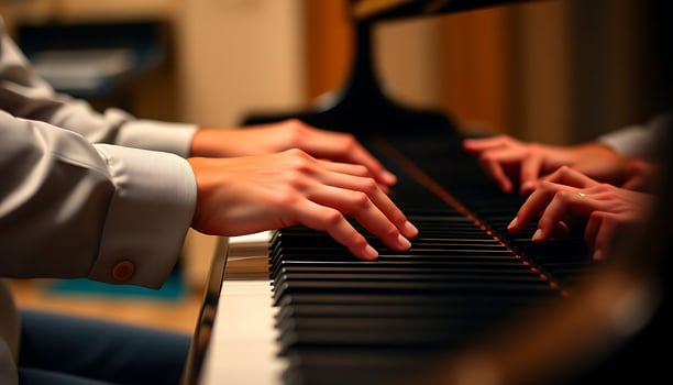 two people are playing a piano with their hands photo