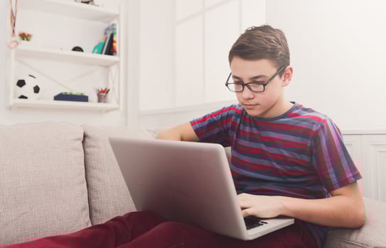Teenager with computer on sofa at home. Boy engrossed in internet, typing on keyboard photo