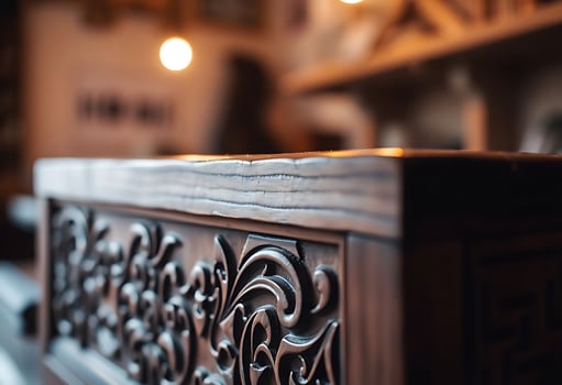 close up of a wooden bench in a room photo