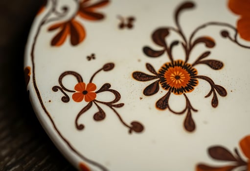 white plate with orange and brown designs on it photo