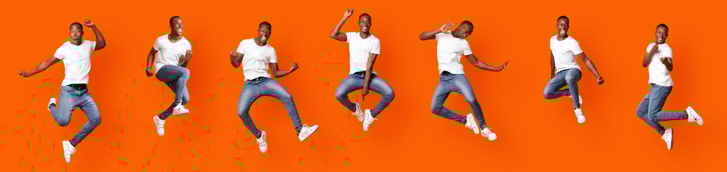 Collage of jumping in air stylish black guy on orange studio background, panorama. Carefree african american young man showing funny figures, jumping, running, dancing, fooling photo
