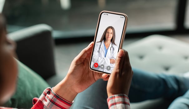 Telemedicine Concept. Unrecognizable Woman Using Smartphone, Making Conference With Her Therapist Doctor While Sitting On Couch At Home, Female Physician Consulting Patient Online, Collage photo