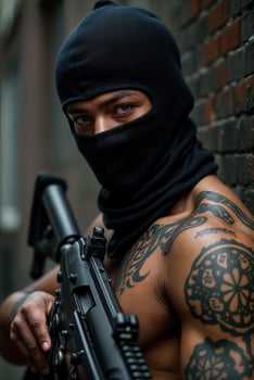Person in Mask Holds Firearm Against Urban Backdrop photo