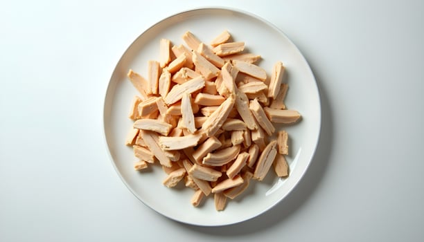 A white plate with sliced chicken on it photo