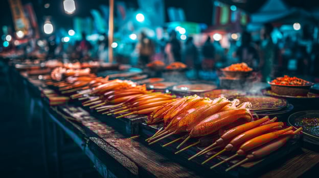 Night Market Scene with Colorful Food Stalls and Grilled Skewers Under Soft Lighting photo