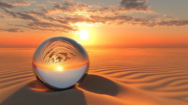 Glass Sphere Reflecting Sunset Over Desert Sand photo