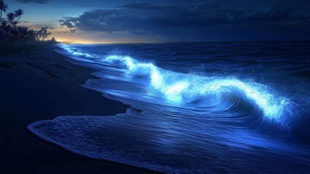Bioluminescent Waves Crashing on a Dark Beach at Night photo