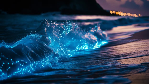 Glowing Blue Bioluminescent Wave Crashing on Dark Beach at Night photo