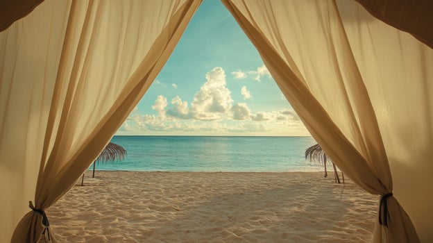 Beach Tent View of Serene Ocean at Sunset photo