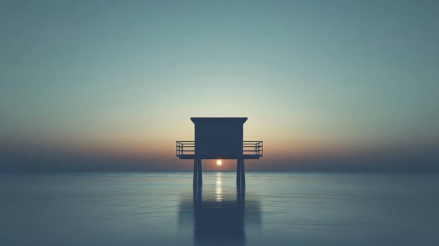 Small House on Stilts at Sunset Over Calm Ocean photo