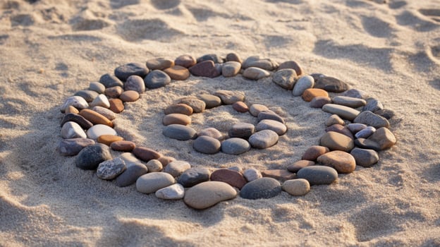 Colorful Stones Arranged in Spiral on Sandy Beach photo