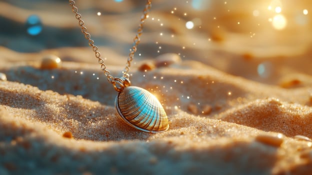 Silver Seashell Pendant Necklace on Sandy Beach at Sunset photo