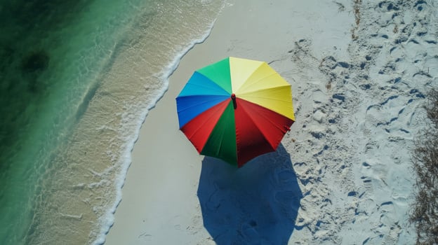 Woman Relaxing Under Colorful Umbrella on Sandy Beach photo