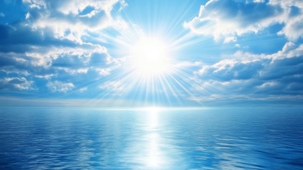 Bright Sun Over Calm Blue Ocean and Clouds photo