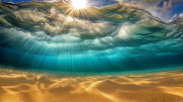 Underwater Sunlight Rays Illuminating Golden Sand Beach photo