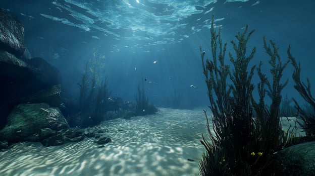 Submerged Underwater Scene with Sunlight and Seaweed photo
