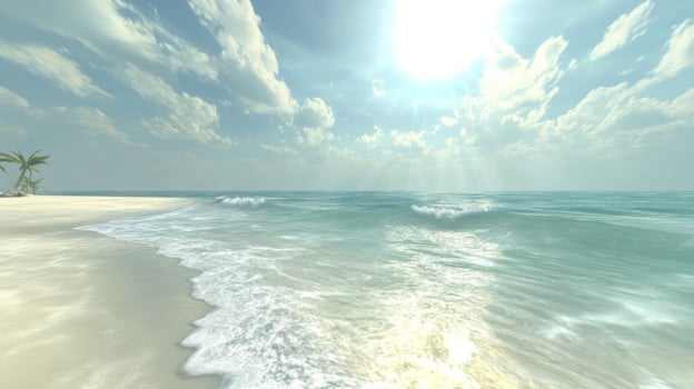 Sunny Tropical Beach Scene with Blue Ocean and White Sand photo