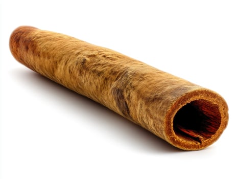 Close-up of dried cinnamon stick or trachea dog treat ideal for healthy pet chewing. photo