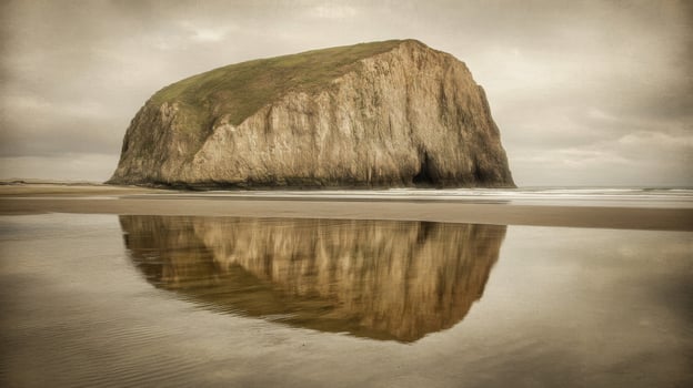 Rock Formation Reflecting in Calm Ocean Water photo