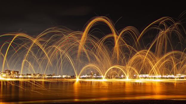 Golden Sparks Arcing Over Dark Water at Night photo