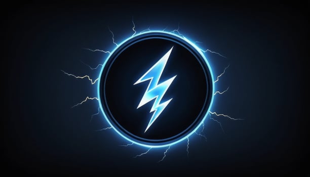 Dynamic Electric Thunderbolt Icon with Bright Blue Glow and Radiating Lightning Effects on Dark Background photo
