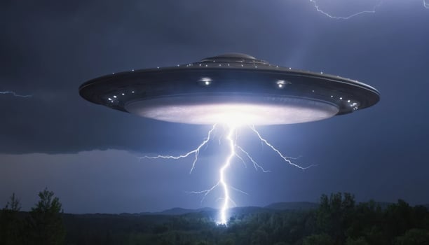 Futuristic Flying Saucer Hovering Over a Dark Forest During a Thunderstorm with Lightning Strikes in the Background photo