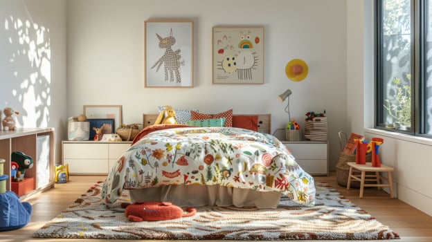 A child's bedroom with a bed, a desk, a chair, a rug, and a photo
