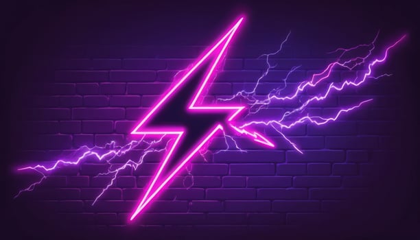 Neon lightning bolt design with vibrant pink color against a dark brick wall background, perfect for energetic themes photo